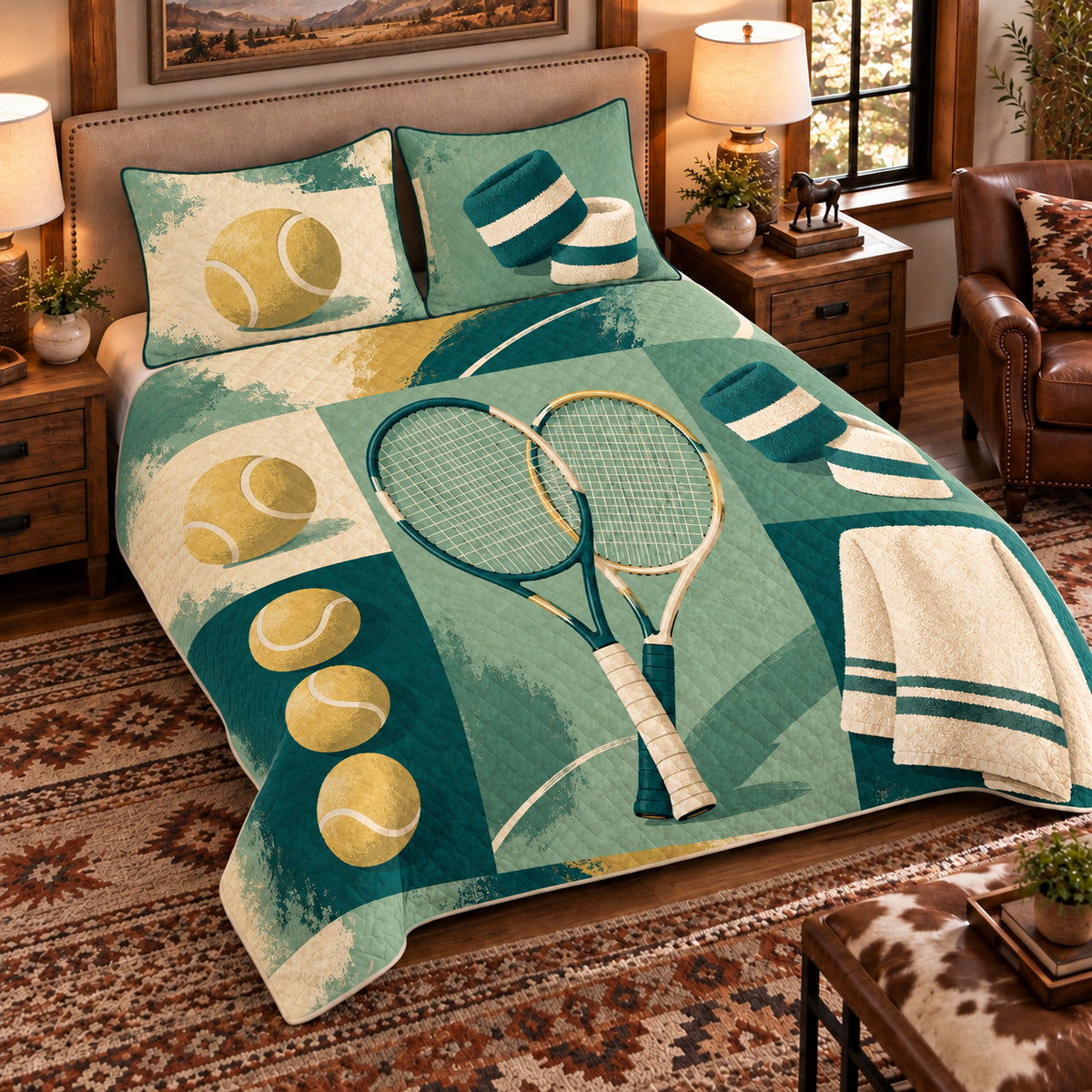 Elevated left-angle view AI mockup of the Tennis Kit Studies tennis quilt set with two coordinating printed pillow shams.