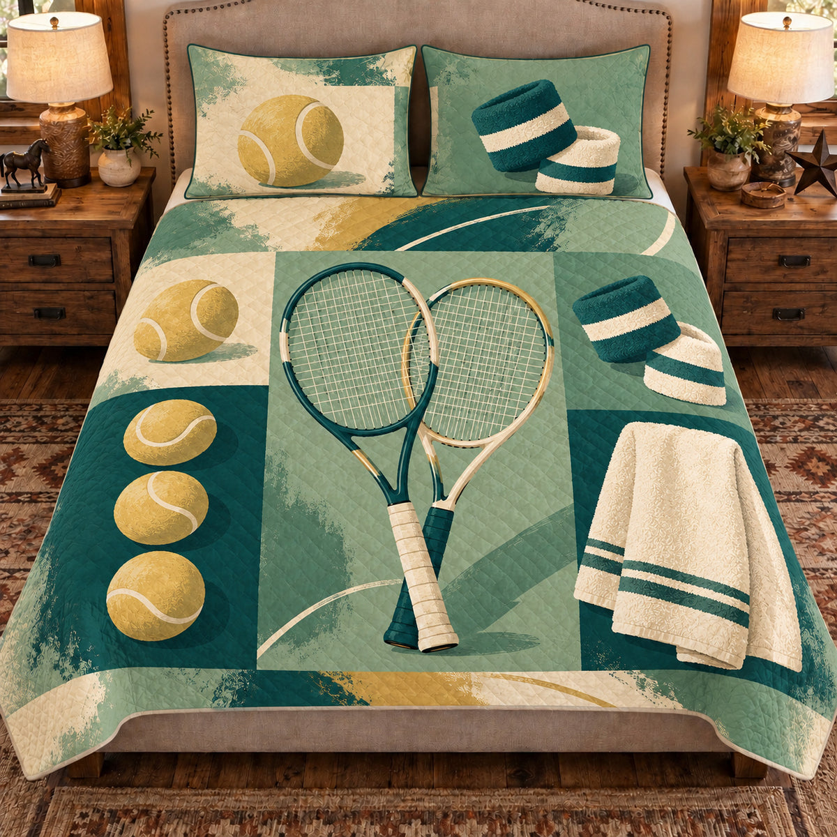 Front view AI mockup of the Tennis Kit Studies tennis quilt set with two coordinating printed pillow shams.