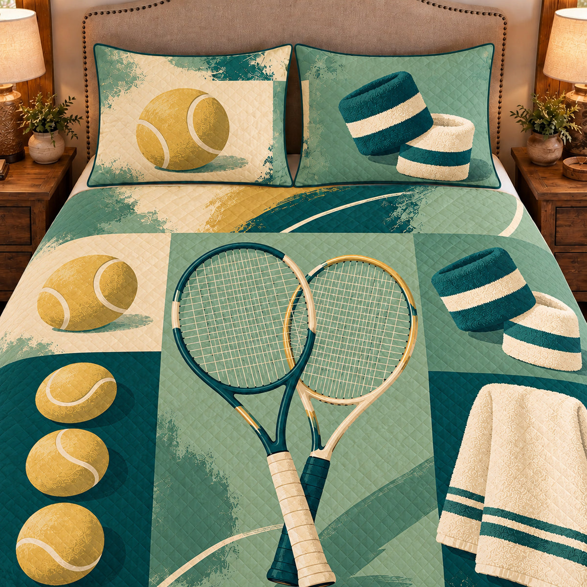 Frontal close-up view AI mockup of the Tennis Kit Studies tennis quilt set with two coordinating printed pillow shams.
