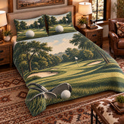 Elevated left-angle view AI mockup of the Golf Fairway Passage golf quilt set with two coordinating printed pillow shams.