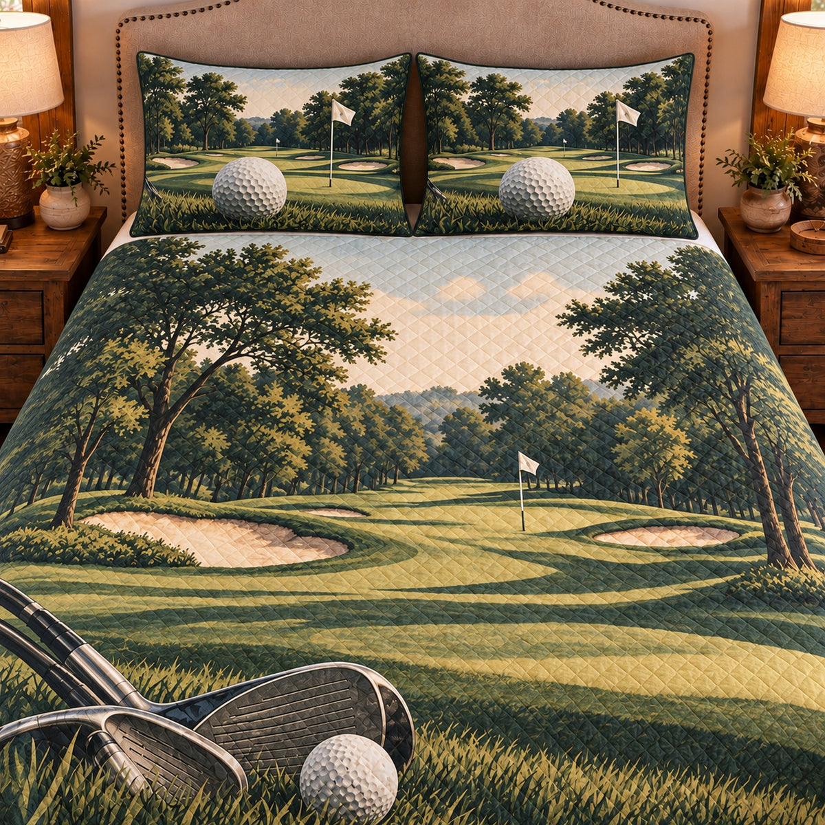 Frontal close-up view AI mockup of the Golf Fairway Passage golf quilt set with two coordinating printed pillow shams.