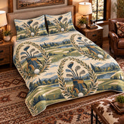Elevated left-angle view AI mockup of the Golf Clubs Botanical golf quilt set with two coordinating printed pillow shams.