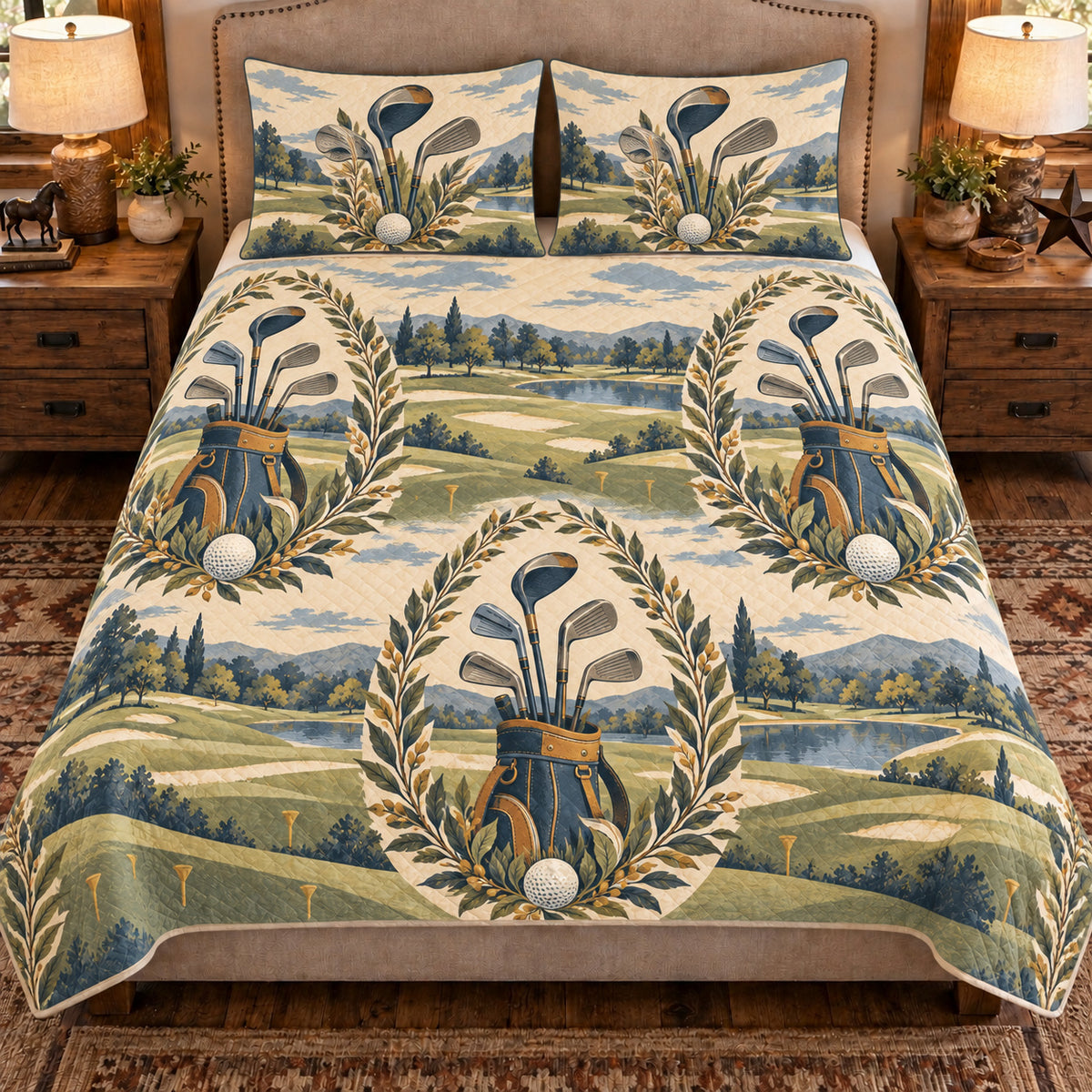 Front view AI mockup of the Golf Clubs Botanical golf quilt set with two coordinating printed pillow shams.