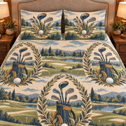 Frontal close-up view AI mockup of the Golf Clubs Botanical golf quilt set with two coordinating printed pillow shams.