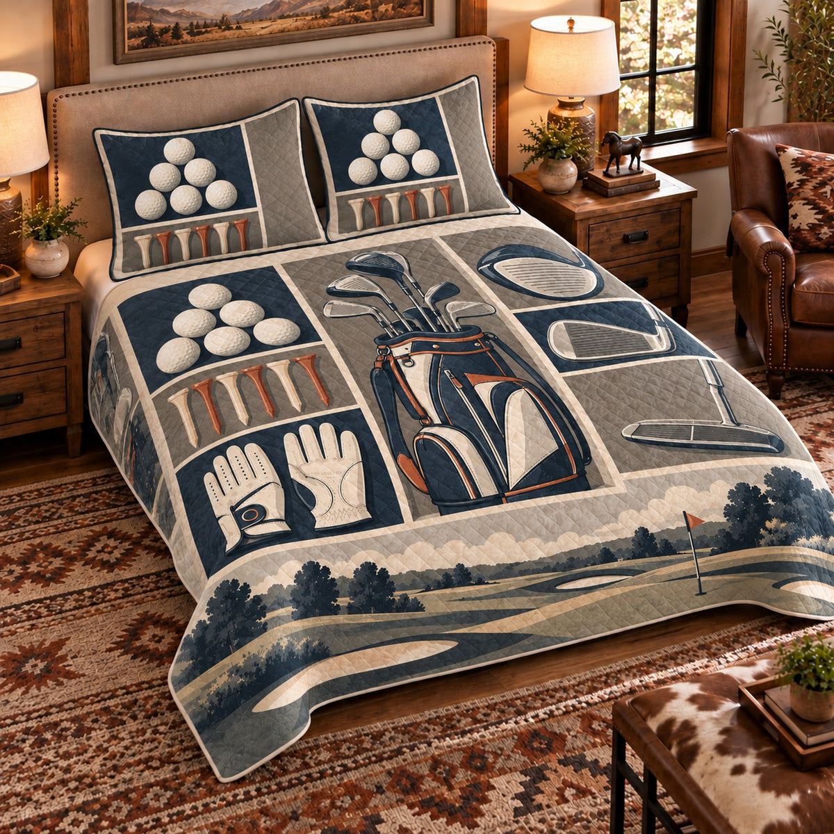 Elevated left-angle view AI mockup of the Golf Equipment Cabinet golf quilt set with two coordinating printed pillow shams.