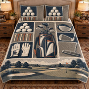 Front view AI mockup of the Golf Equipment Cabinet golf quilt set with two coordinating printed pillow shams.