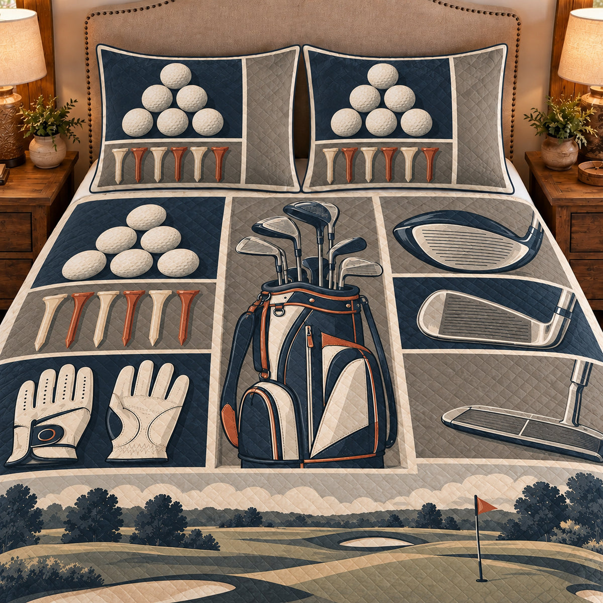 Frontal close-up view AI mockup of the Golf Equipment Cabinet golf quilt set with two coordinating printed pillow shams.
