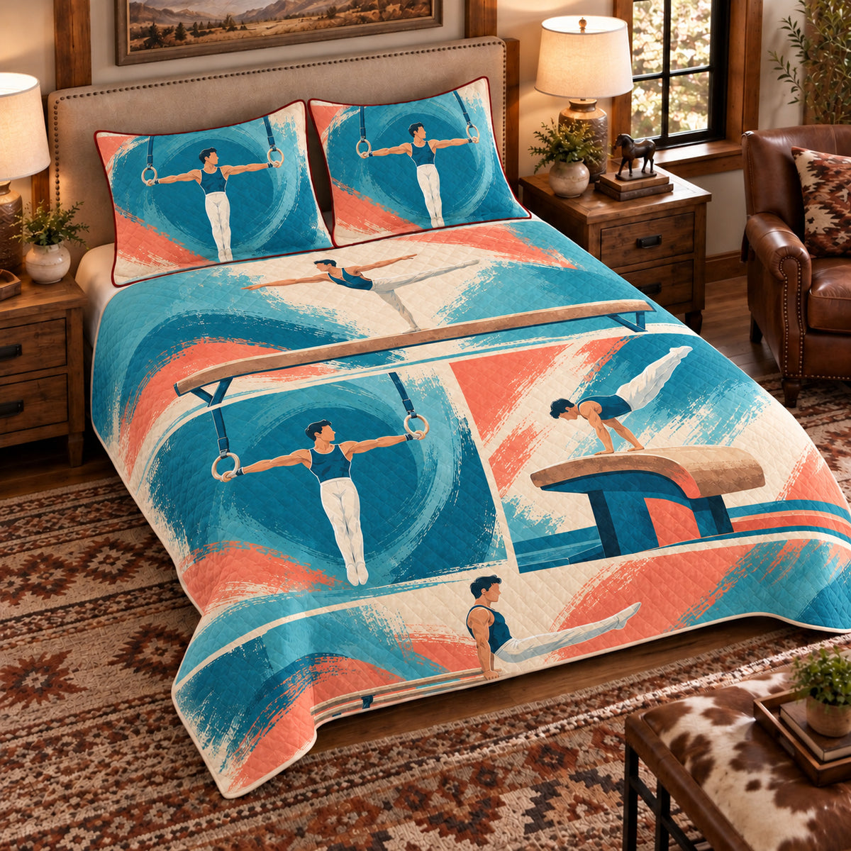 Elevated left-angle view AI mockup of the Gymnastics Apparatus Studies artistic gymnastics quilt set with two coordinating printed pillow shams.