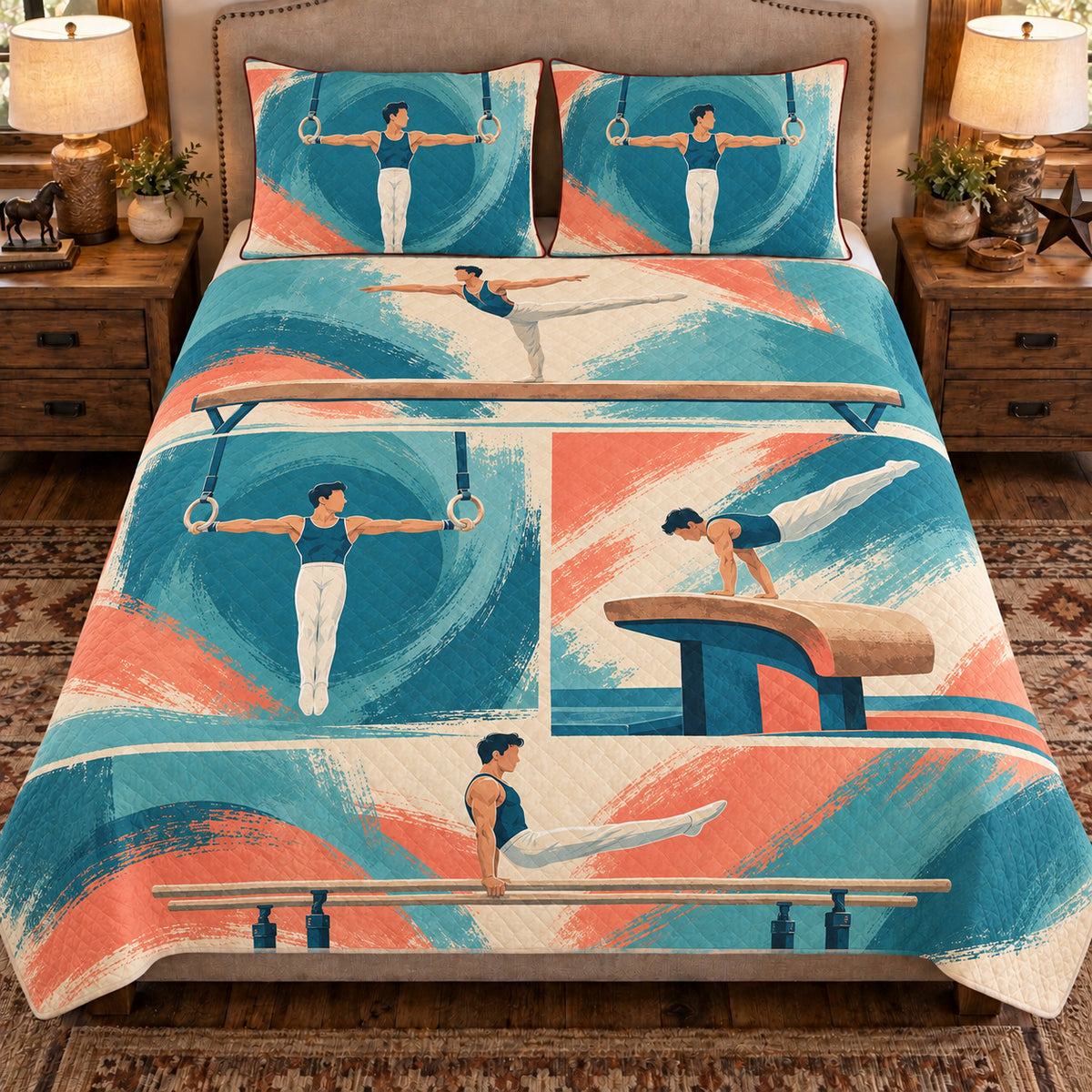 Front view AI mockup of the Gymnastics Apparatus Studies artistic gymnastics quilt set with two coordinating printed pillow shams.