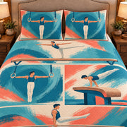 Frontal close-up view AI mockup of the Gymnastics Apparatus Studies artistic gymnastics quilt set with two coordinating printed pillow shams.