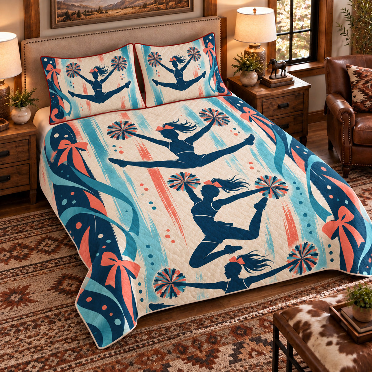 Elevated left-angle view AI mockup of the Cheer Jump Silhouettes competitive cheerleading quilt set with two coordinating printed pillow shams.