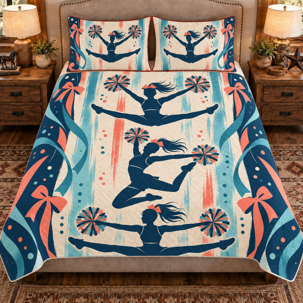 Front view AI mockup of the Cheer Jump Silhouettes competitive cheerleading quilt set with two coordinating printed pillow shams.