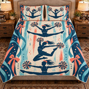 Front view AI mockup of the Cheer Jump Silhouettes competitive cheerleading quilt set with two coordinating printed pillow shams.