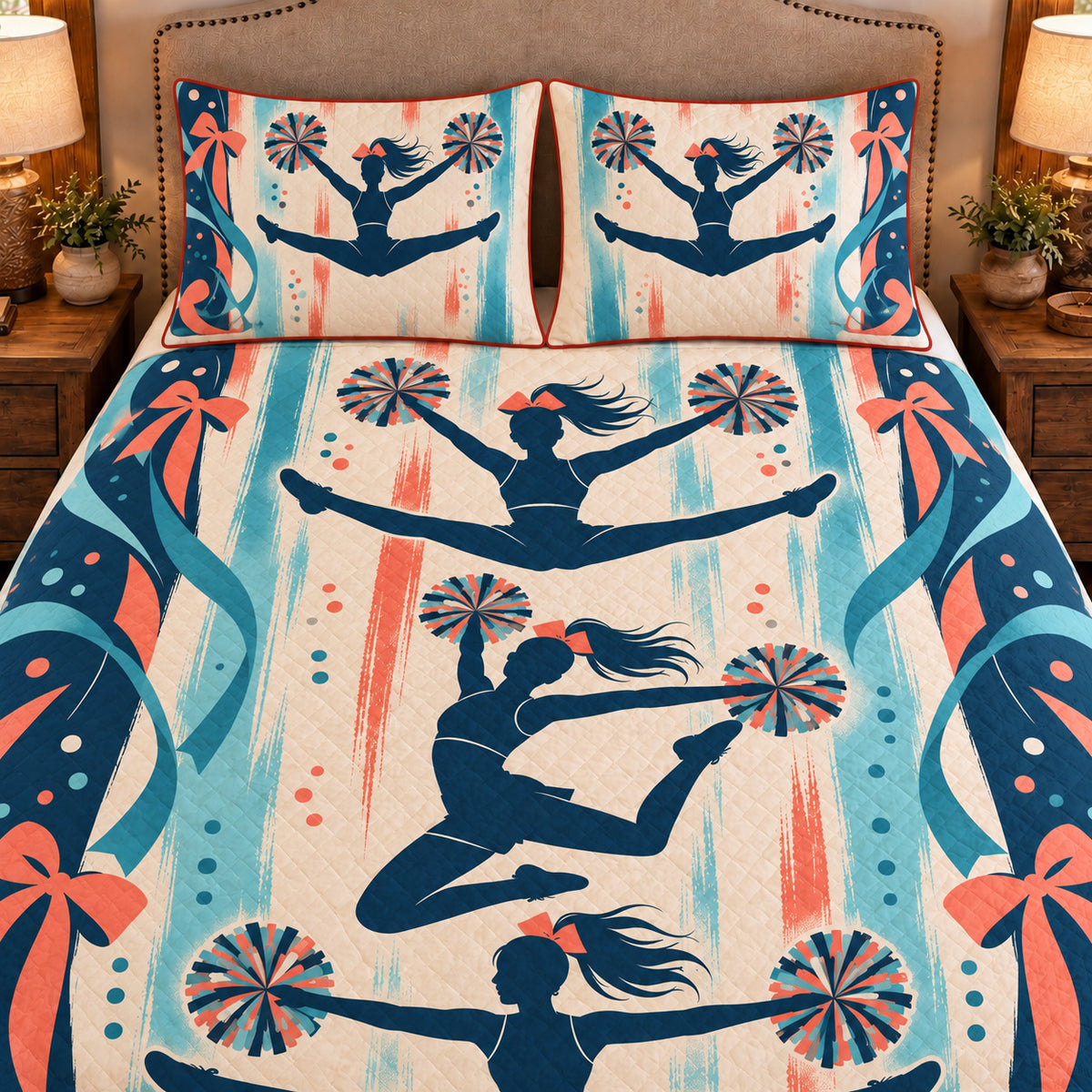 Frontal close-up view AI mockup of the Cheer Jump Silhouettes competitive cheerleading quilt set with two coordinating printed pillow shams.