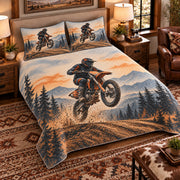 Elevated left-angle view AI mockup of the Motocross Ridge Jump motocross quilt set with two coordinating printed pillow shams.