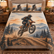 Front view AI mockup of the Motocross Ridge Jump motocross quilt set with two coordinating printed pillow shams.