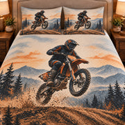Frontal close-up view AI mockup of the Motocross Ridge Jump motocross quilt set with two coordinating printed pillow shams.