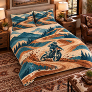 Elevated left-angle view AI mockup of the Motocross Track Contours motocross quilt set with two coordinating printed pillow shams.