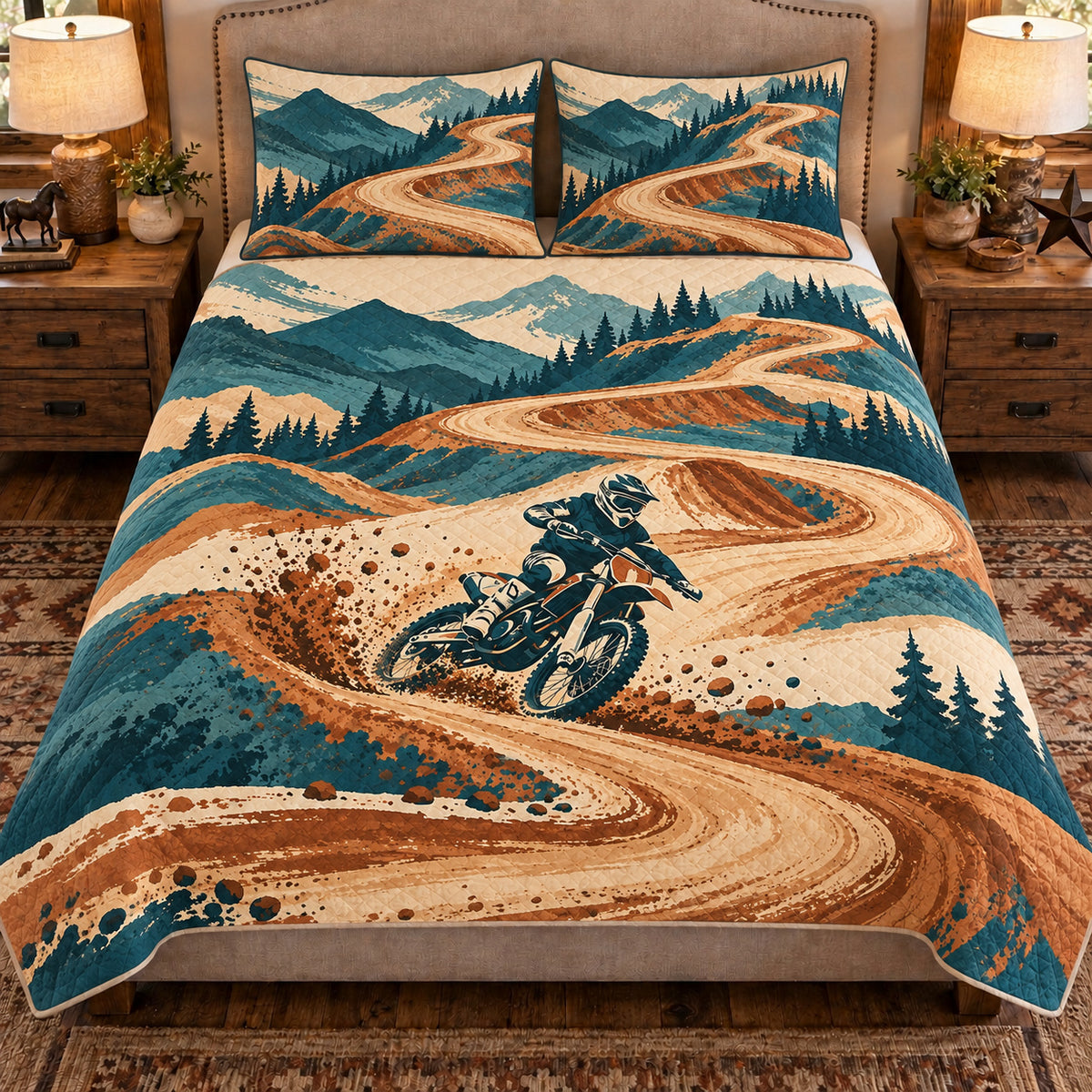 Front view AI mockup of the Motocross Track Contours motocross quilt set with two coordinating printed pillow shams.