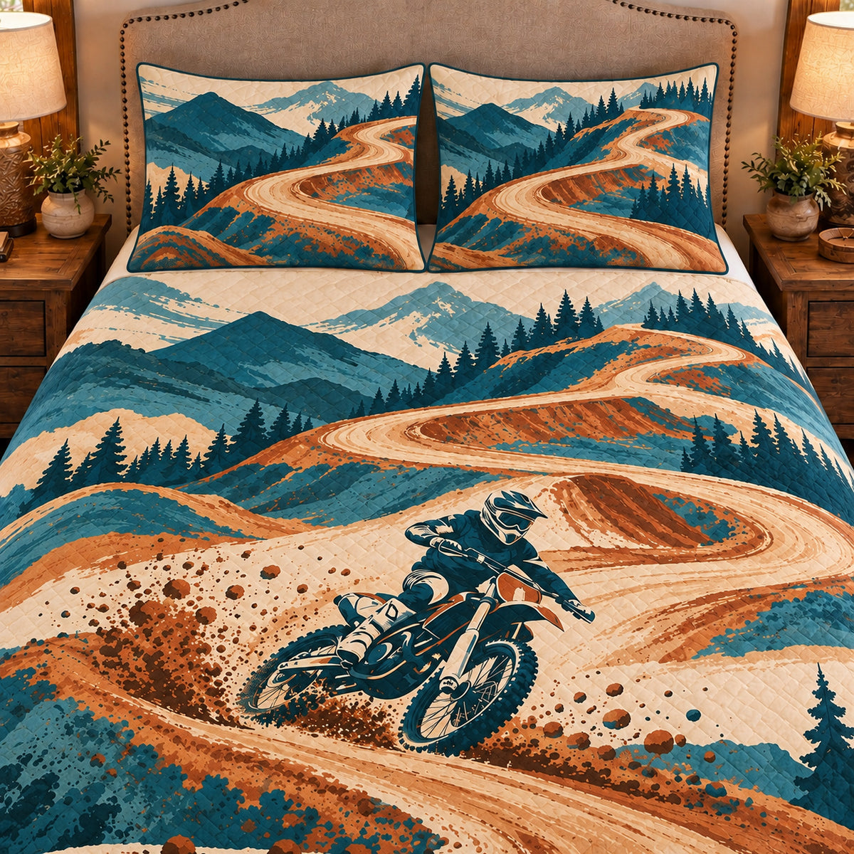 Frontal close-up view AI mockup of the Motocross Track Contours motocross quilt set with two coordinating printed pillow shams.