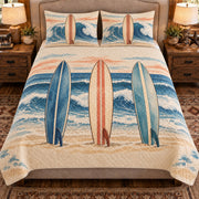 Front view AI mockup of the Surfboard Morning Lineup surfing quilt set with two coordinating printed pillow shams.