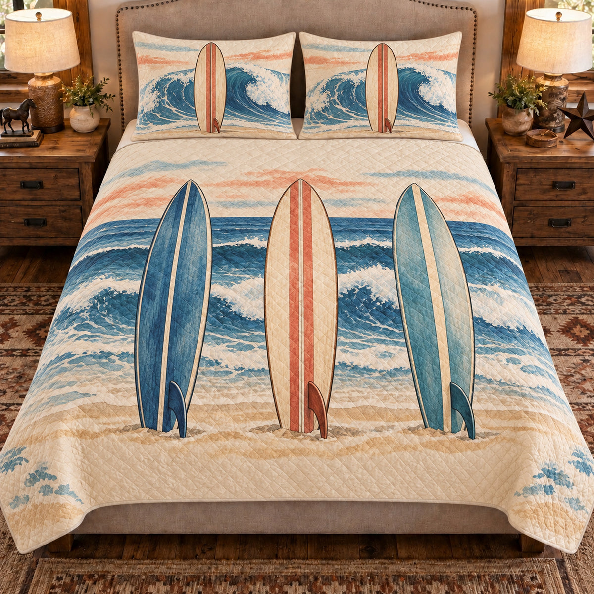 Front view AI mockup of the Surfboard Morning Lineup surfing quilt set with two coordinating printed pillow shams.