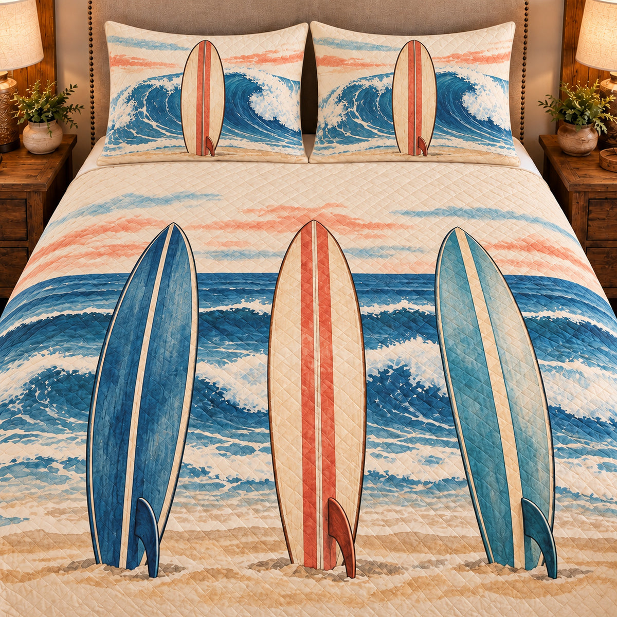 Frontal close-up view AI mockup of the Surfboard Morning Lineup surfing quilt set with two coordinating printed pillow shams.