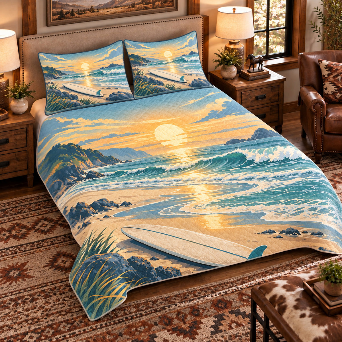 Elevated left-angle view AI mockup of the Surf Cove Sunrise surfing quilt set with two coordinating printed pillow shams.