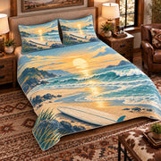 Elevated left-angle view AI mockup of the Surf Cove Sunrise surfing quilt set with two coordinating printed pillow shams.