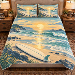 Surfing Quilt Set, Surf Cove Sunrise, Gift for Surfing Lovers