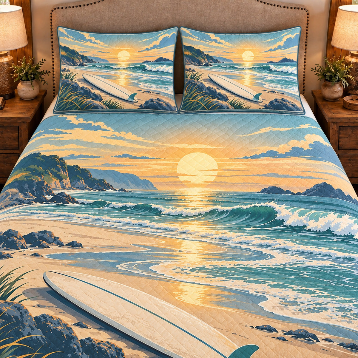 Frontal close-up view AI mockup of the Surf Cove Sunrise surfing quilt set with two coordinating printed pillow shams.
