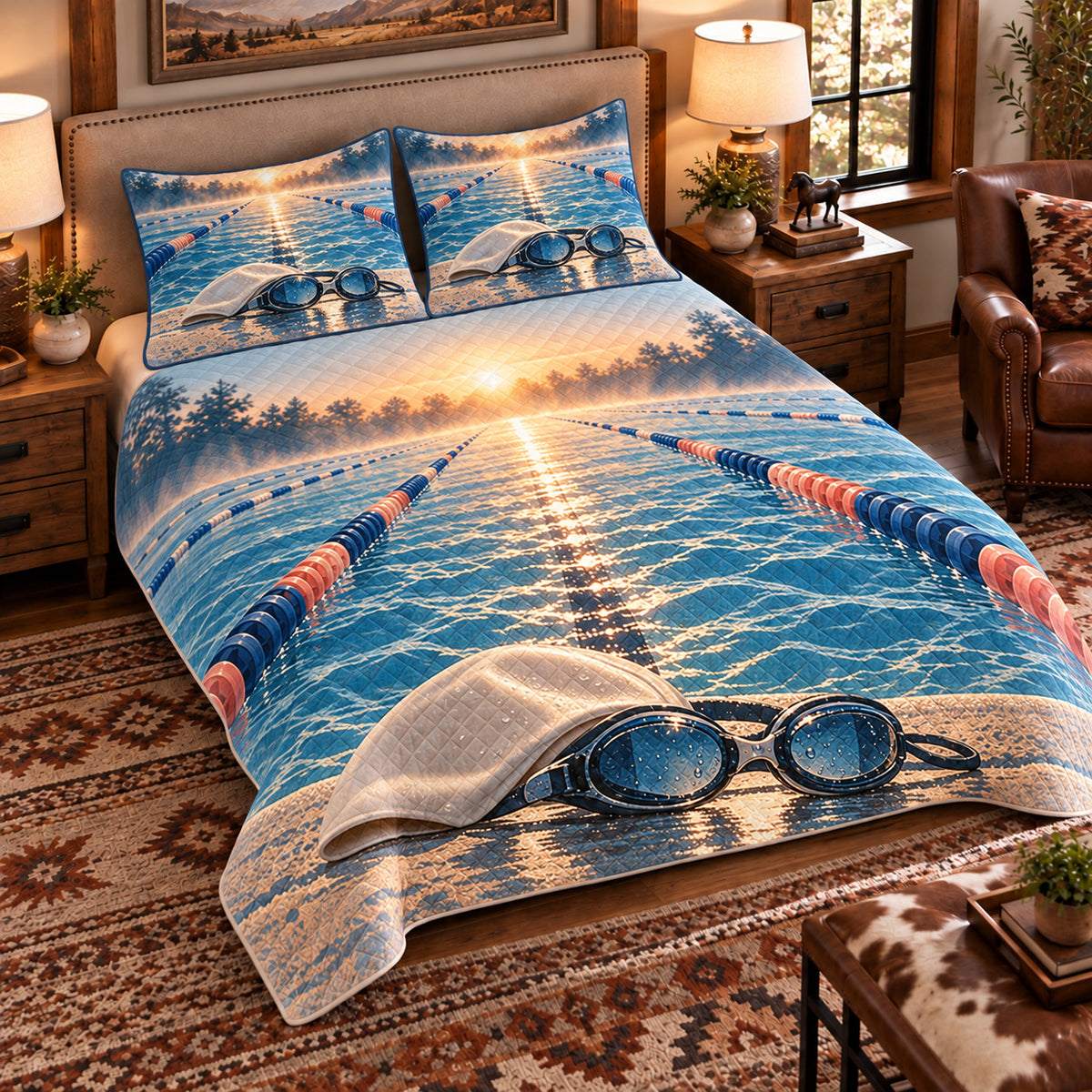 Elevated left-angle view AI mockup of the Pool Lane Dawn competitive swimming quilt set with two coordinating printed pillow shams.