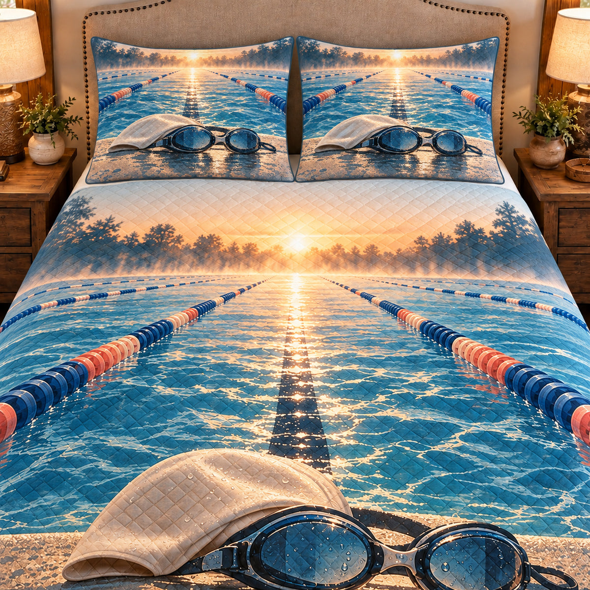 Frontal close-up view AI mockup of the Pool Lane Dawn competitive swimming quilt set with two coordinating printed pillow shams.