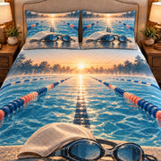 Frontal close-up view AI mockup of the Pool Lane Dawn competitive swimming quilt set with two coordinating printed pillow shams.