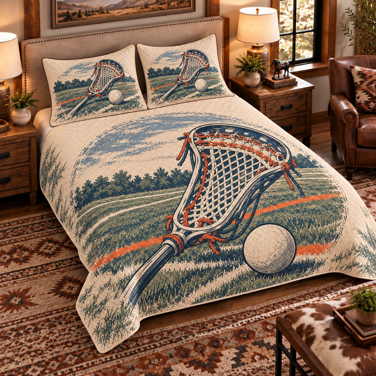 Elevated left-angle view AI mockup of the Lacrosse Pocket Study field lacrosse quilt set with two coordinating printed pillow shams.