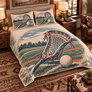 Elevated left-angle view AI mockup of the Lacrosse Pocket Study field lacrosse quilt set with two coordinating printed pillow shams.