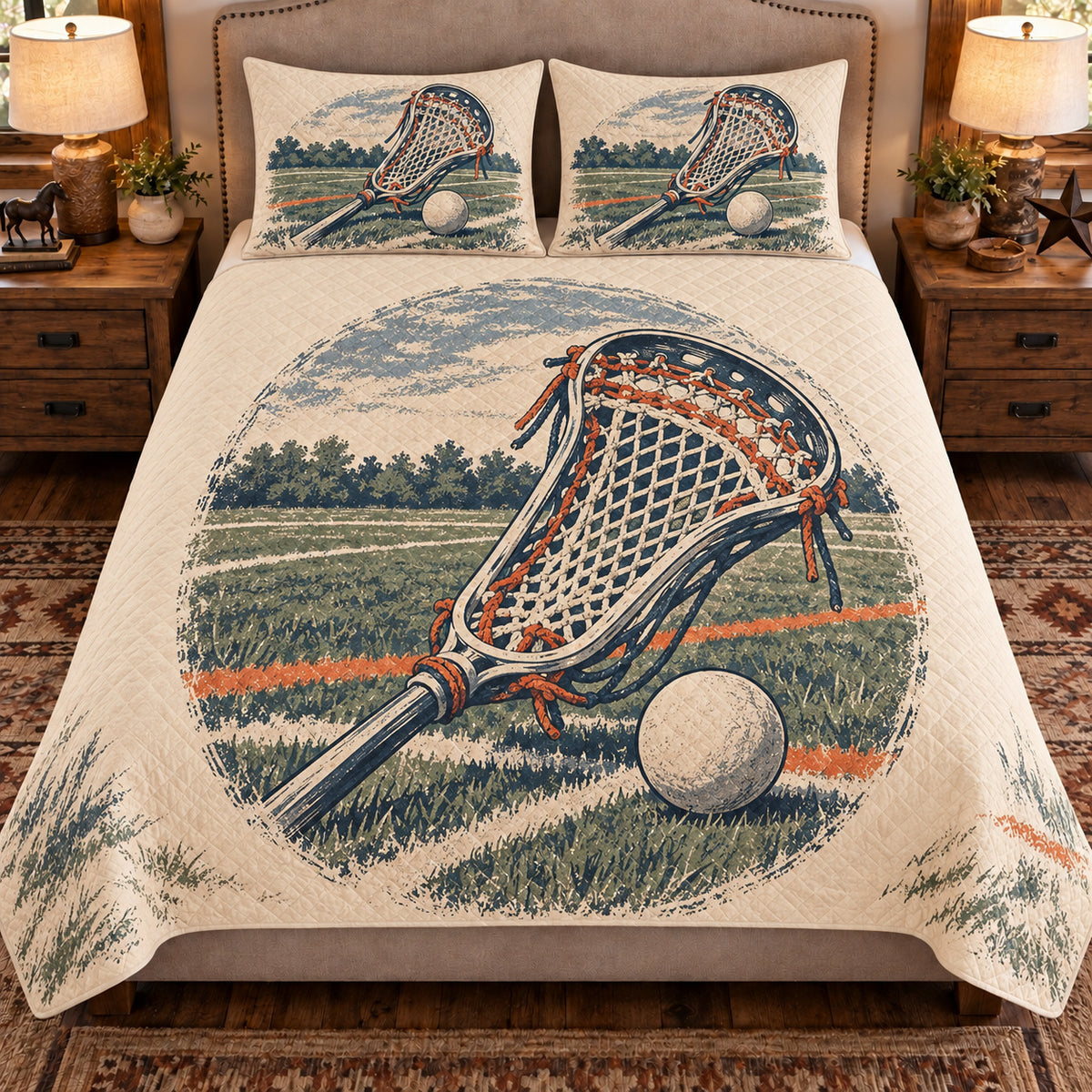 Front view AI mockup of the Lacrosse Pocket Study field lacrosse quilt set with two coordinating printed pillow shams.