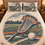 Frontal close-up view AI mockup of the Lacrosse Pocket Study field lacrosse quilt set with two coordinating printed pillow shams.