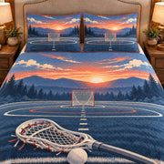 Frontal close-up view AI mockup of the Lacrosse Field Dawn field lacrosse quilt set with two coordinating printed pillow shams.