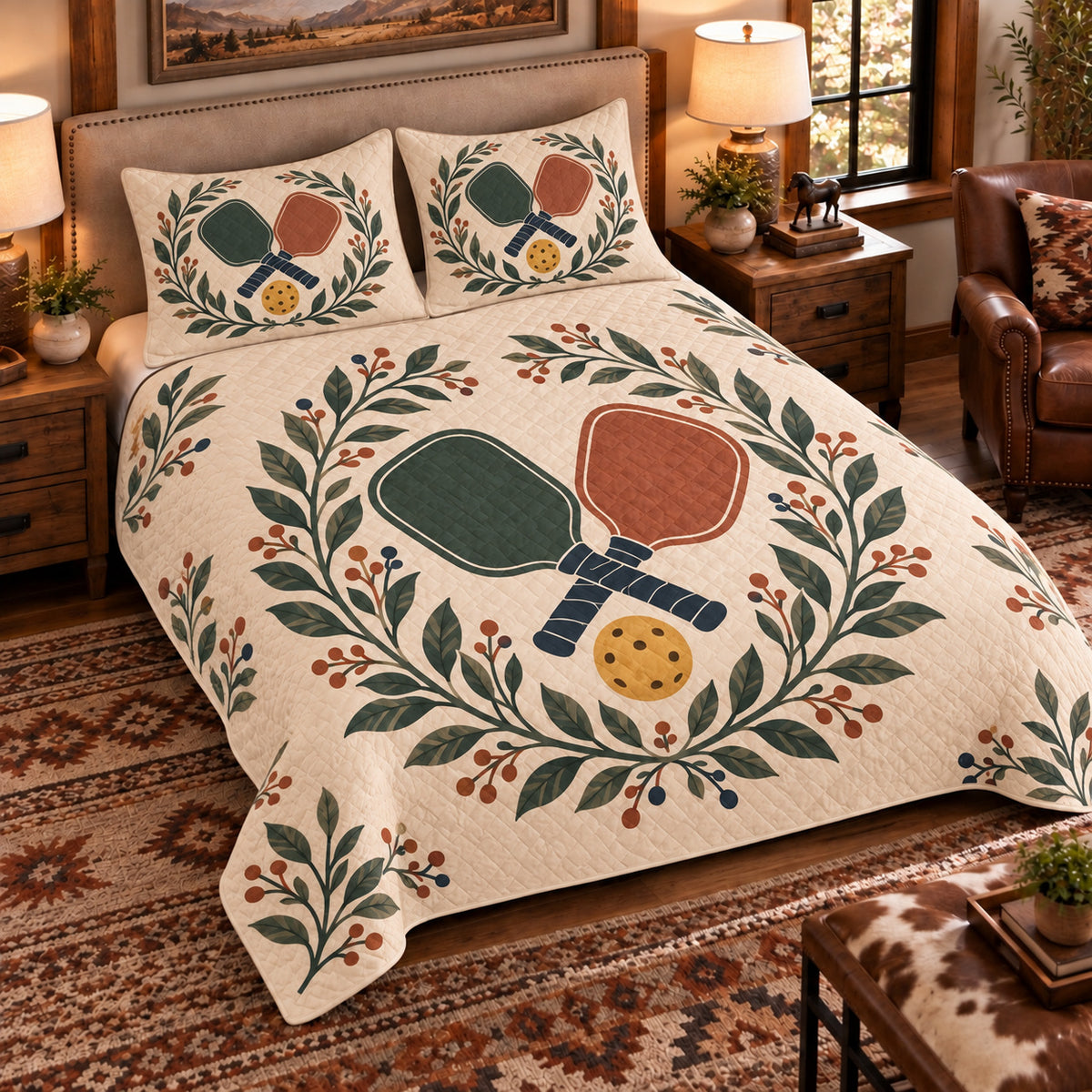 Elevated left-angle view AI mockup of the Pickleball Paddle Botanical pickleball quilt set with two coordinating printed pillow shams.