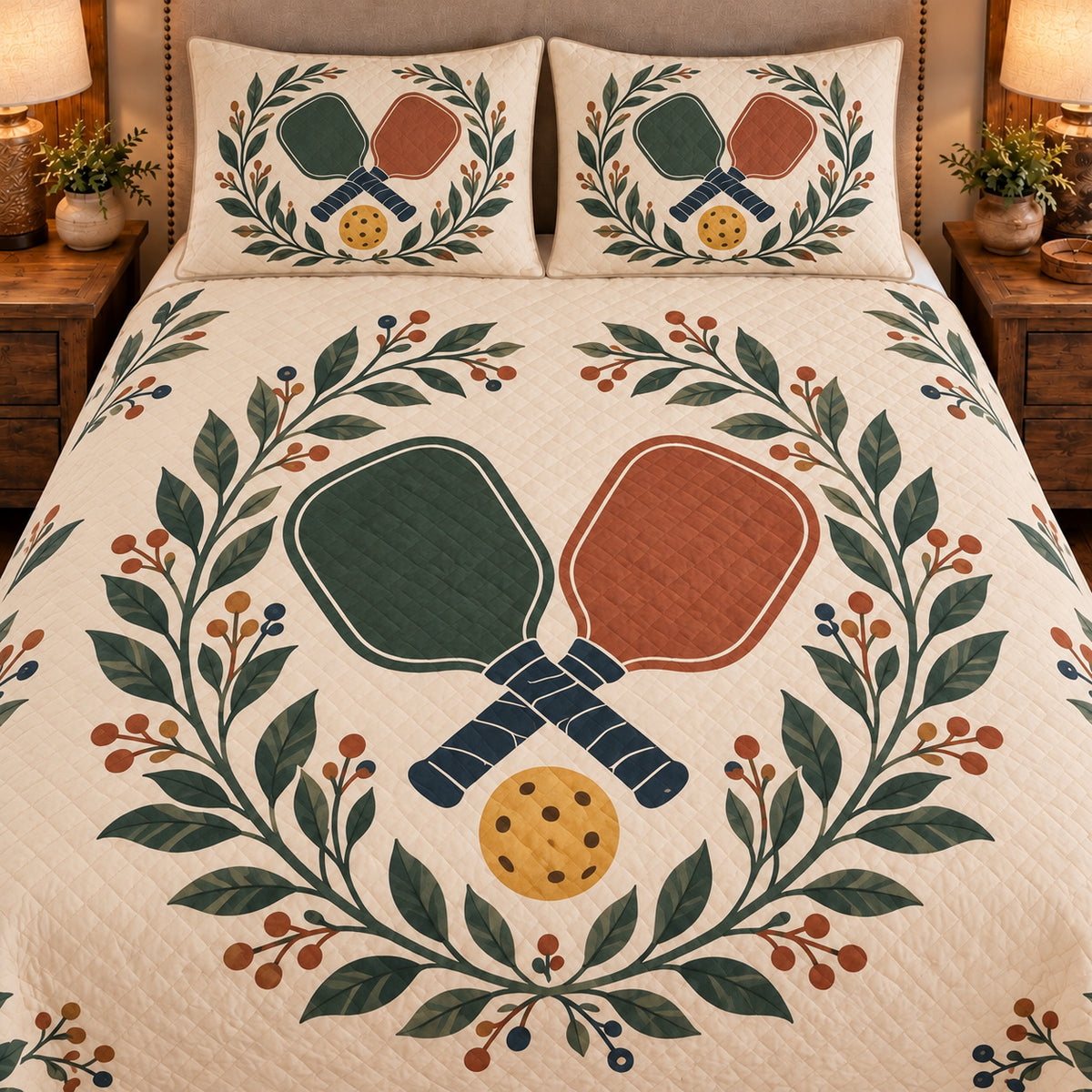 Frontal close-up view AI mockup of the Pickleball Paddle Botanical pickleball quilt set with two coordinating printed pillow shams.