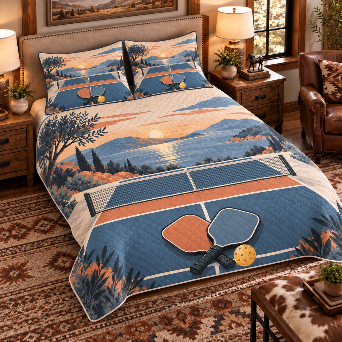 Elevated left-angle view AI mockup of the Pickleball Court Study pickleball quilt set with two coordinating printed pillow shams.