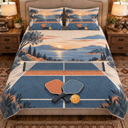 Front view AI mockup of the Pickleball Court Study pickleball quilt set with two coordinating printed pillow shams.