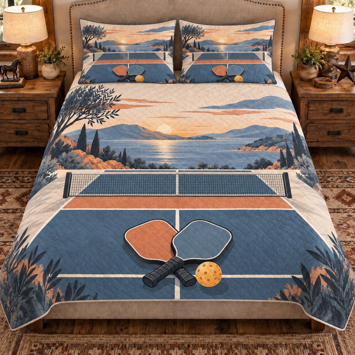 Front view AI mockup of the Pickleball Court Study pickleball quilt set with two coordinating printed pillow shams.