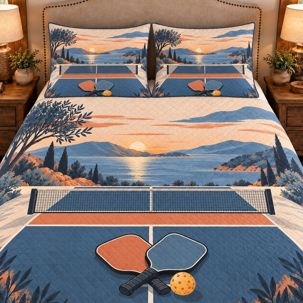 Frontal close-up view AI mockup of the Pickleball Court Study pickleball quilt set with two coordinating printed pillow shams.