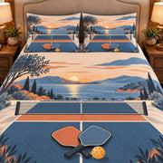 Frontal close-up view AI mockup of the Pickleball Court Study pickleball quilt set with two coordinating printed pillow shams.