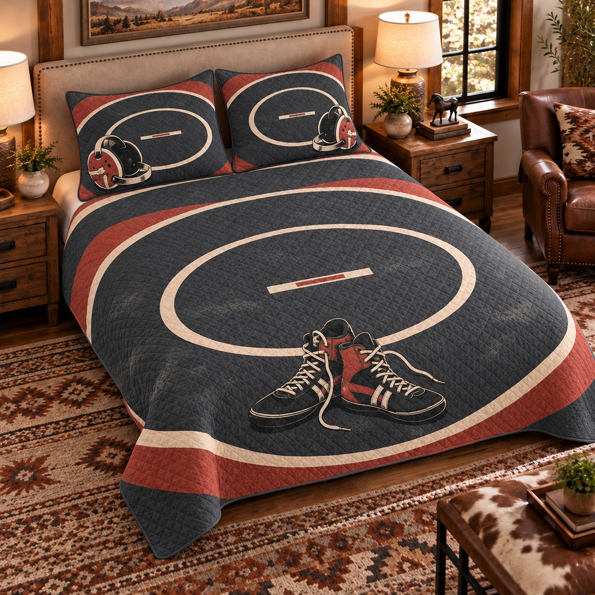 Elevated left-angle view AI mockup of the Wrestling Mat Circles scholastic wrestling quilt set with two coordinating printed pillow shams.