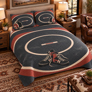 Elevated left-angle view AI mockup of the Wrestling Mat Circles scholastic wrestling quilt set with two coordinating printed pillow shams.
