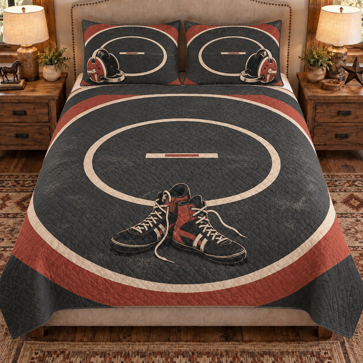 Front view AI mockup of the Wrestling Mat Circles scholastic wrestling quilt set with two coordinating printed pillow shams.