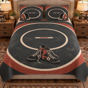 Front view AI mockup of the Wrestling Mat Circles scholastic wrestling quilt set with two coordinating printed pillow shams.